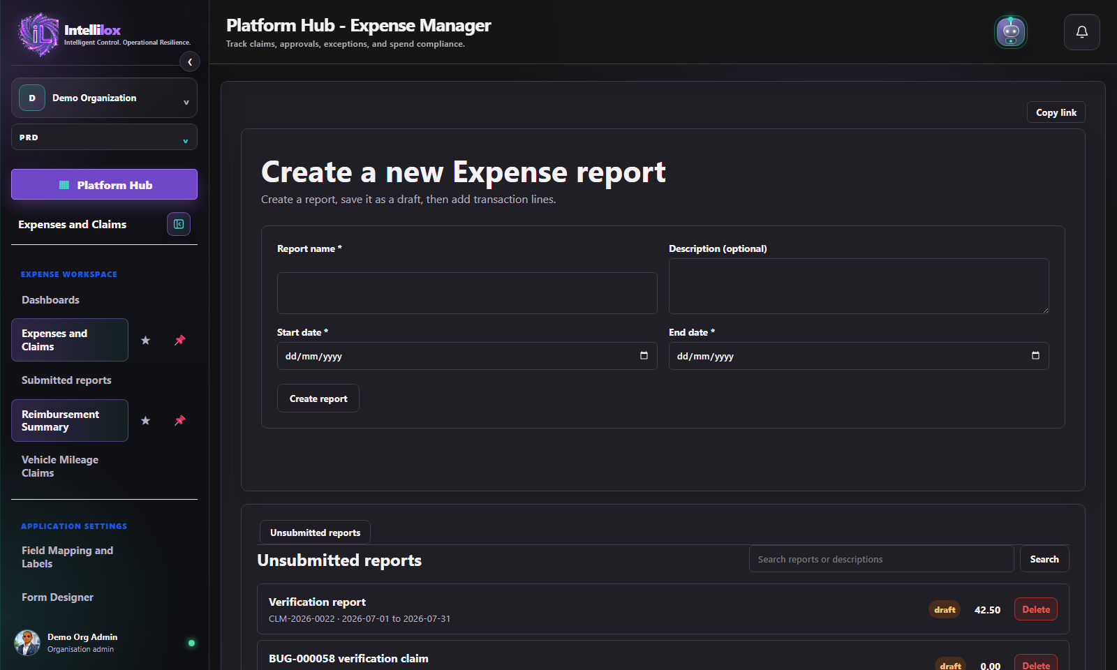 Current Expense Manager workspace in Demo Organization